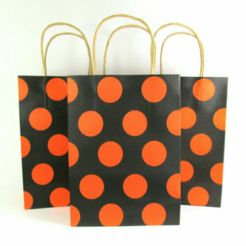 Black Orange Polka Dot Kraft Handle Paper Party Favor Wedding Gift Bags - Set of 9