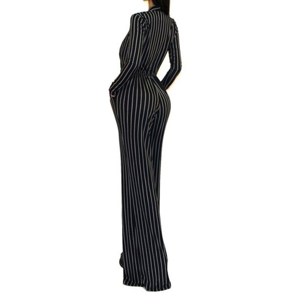 Black White Stripe Casual V Neck Wide Leg Jumpsuit