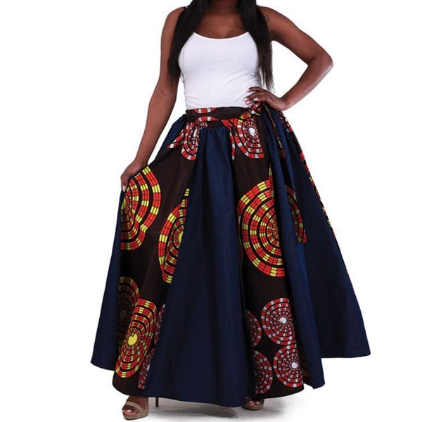 Blue Denim African Multi Circle Print Maxi Skirt with Matching Headwrap