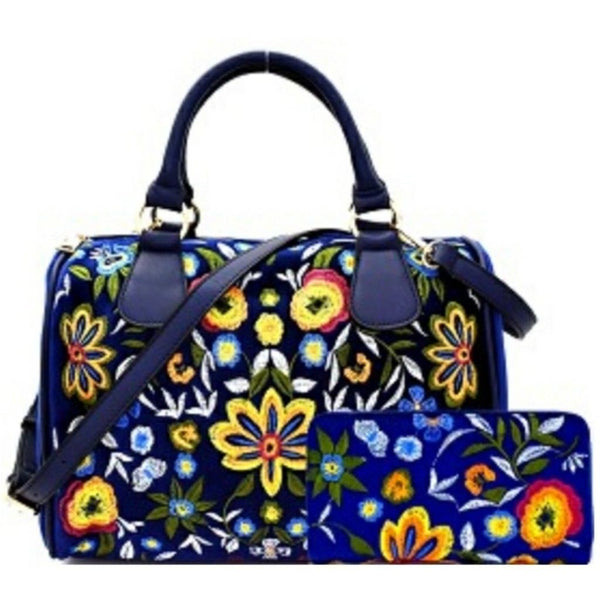 Flower Embroidered Boston Faux Velvet Leather Satchel Wallet Handbag Set