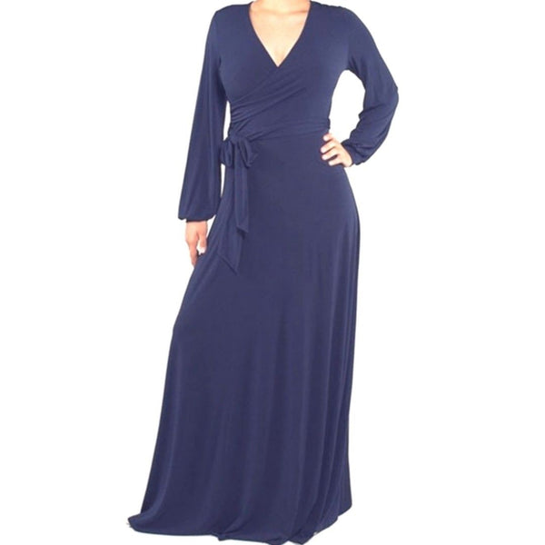 Navy Solid Faux Wrap Cuff Sleeve Maxi Dress