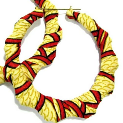 OOAK Red Multi Fabric Wrapped Bamboo Handmade Hoop Earrings