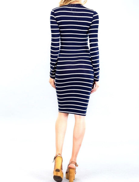 Capella Navy White Stripe Basic Bodycon Casual Long Sleeve Dress