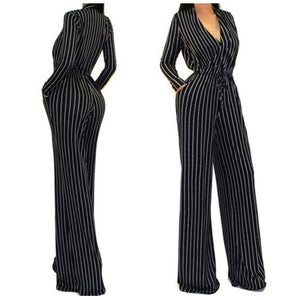 Black White Stripe Casual V Neck Wide Leg Jumpsuit