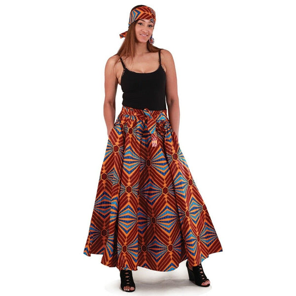 Retro African Multi Color Maxi Skirt with Matching Headwrap