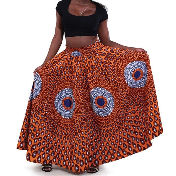 Orange Blue African Multi Print Maxi Skirt Matching Headwrap