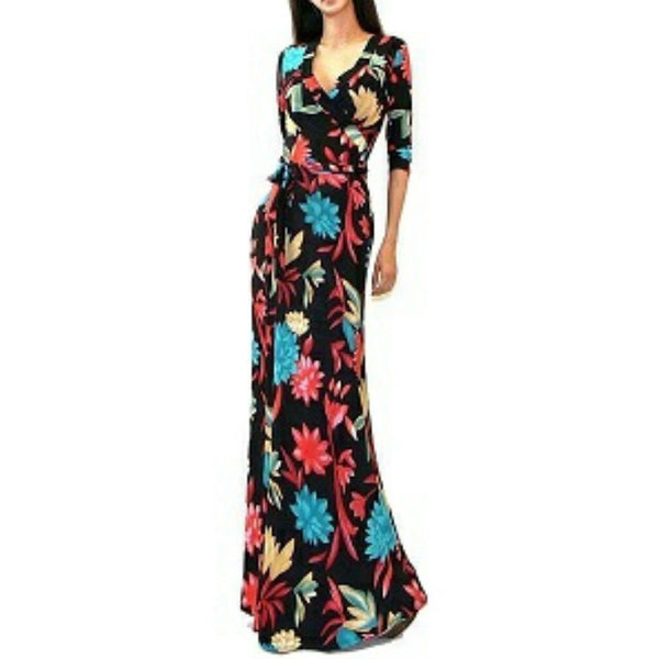 Got Style Floral Multi Color Faux Wrap 3/4 Sleeve Casual Maxi Dress