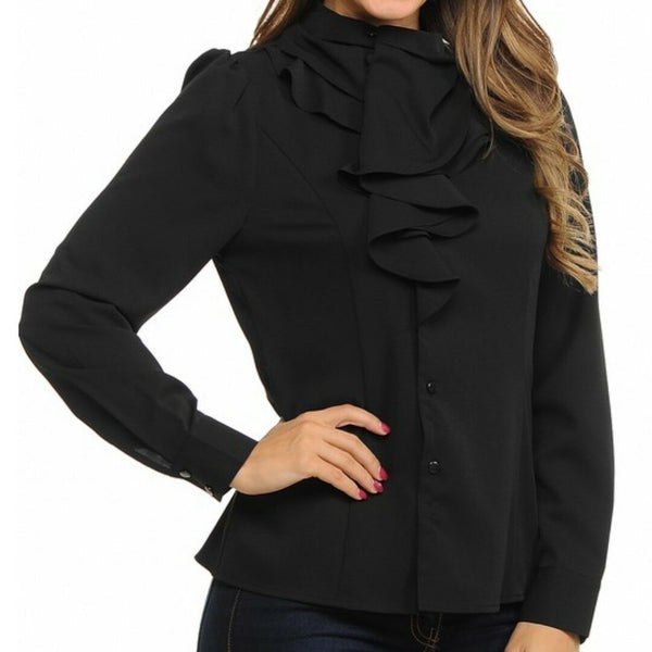 Sweet Habit Black Ruffle Long Sleeve Button Down Casual Blouse