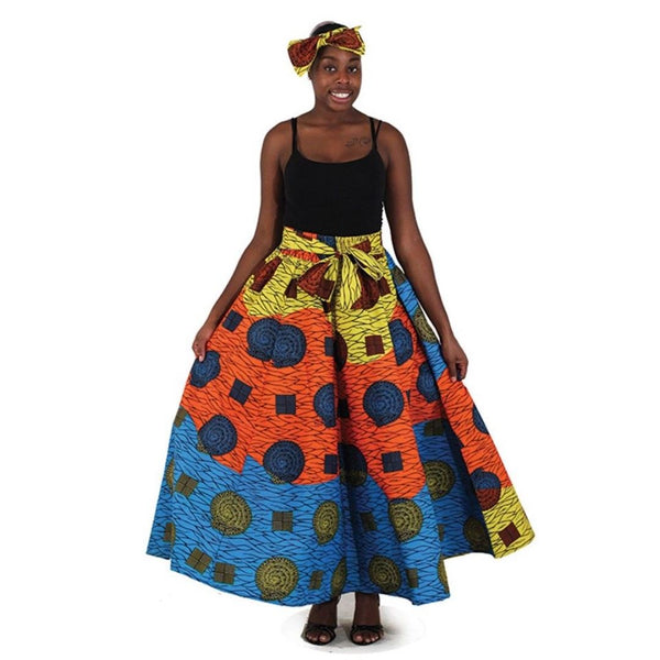 Bright African Multi Print Maxi Skirt with Matching Headwrap