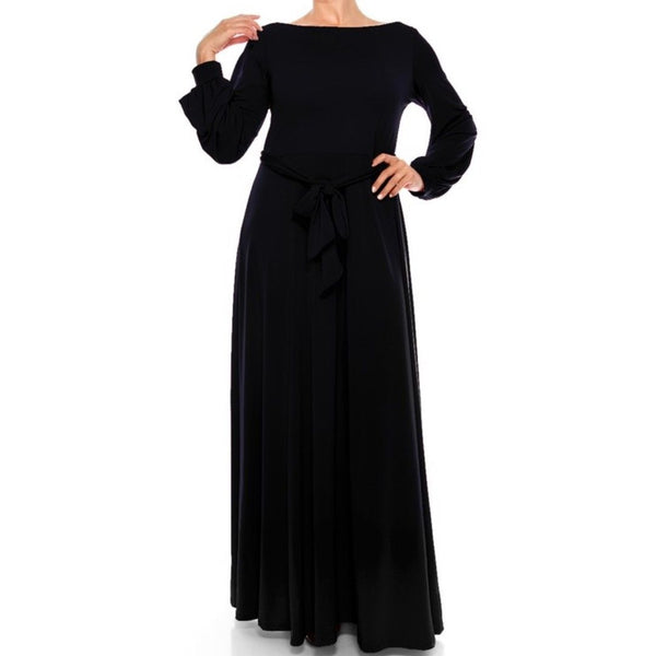 Black Boat Neck Bell Long Sleeve Maxi Dress