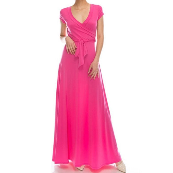 Pink Faux Wrap Cap Sleeve Causal Maxi Dress