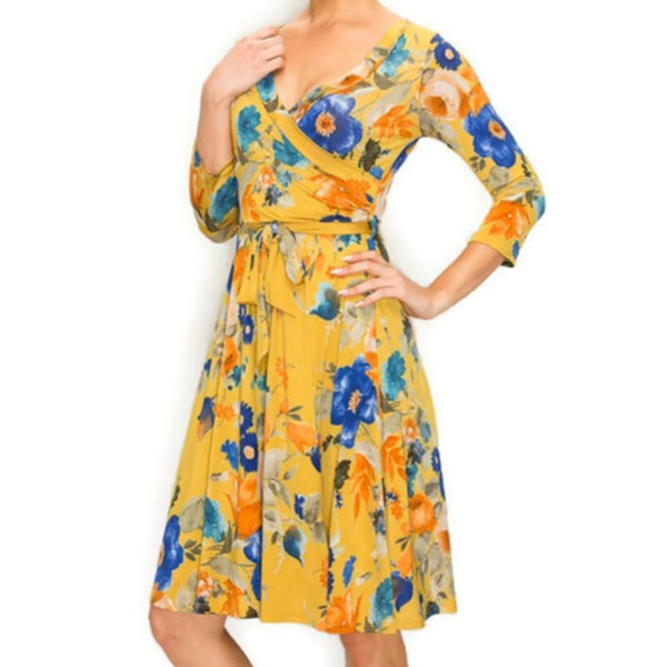 Mustard Blue Floral Faux Wrap Knee Length Dress