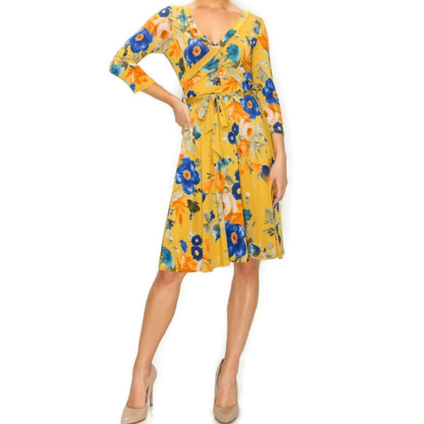 Mustard Blue Floral Faux Wrap Knee Length Dress