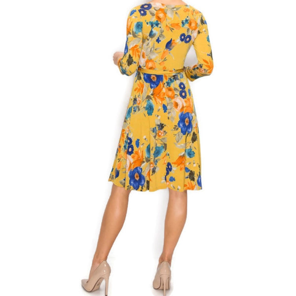 Mustard Blue Floral Faux Wrap Knee Length Dress