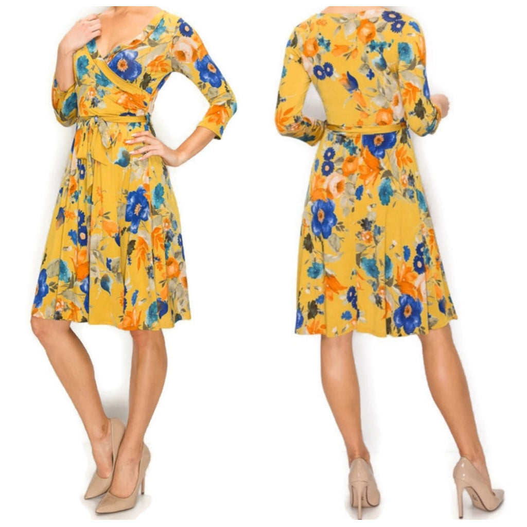 Mustard Blue Floral Faux Wrap Knee Length Dress