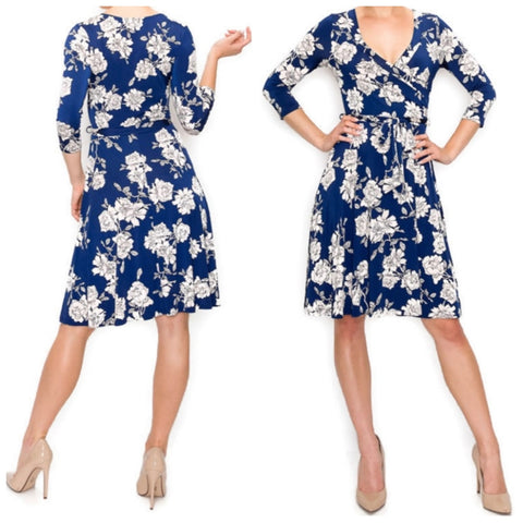 Navy Blue White Floral Faux Wrap Knee Length Dress