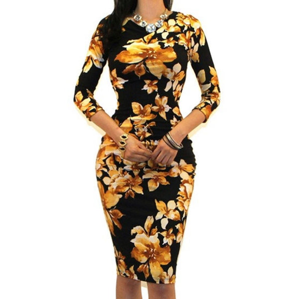 Black Yellow Floral Sexy 3/4 Sleeve Bodycon Party Cocktail Dress