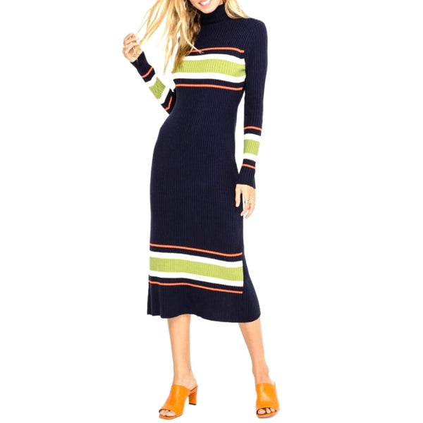 LUSH Navy Orange Stripe Turtleneck Sweater Long Sleeve Dress