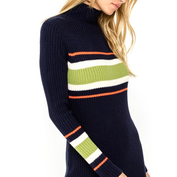 LUSH Navy Orange Stripe Turtleneck Sweater Long Sleeve Dress