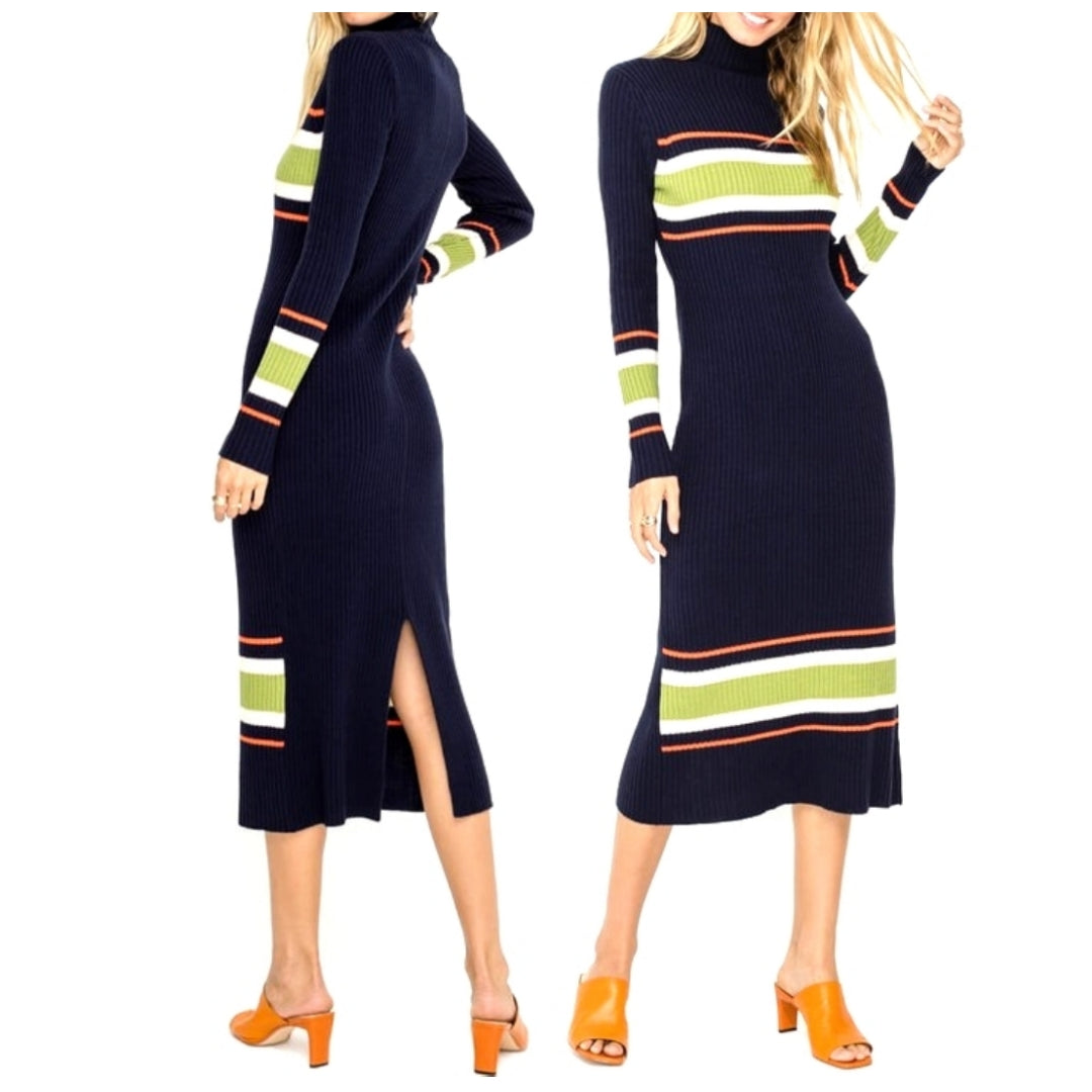 LUSH Navy Orange Stripe Turtleneck Sweater Long Sleeve Dress