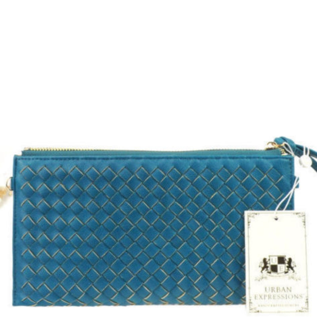 Urban Expressions Vegan Leather Teal Avril Woven Clutch Wristlet Handbag