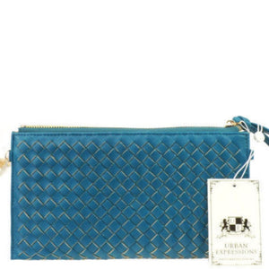 Urban Expressions Vegan Leather Teal Avril Woven Clutch Wristlet Handbag