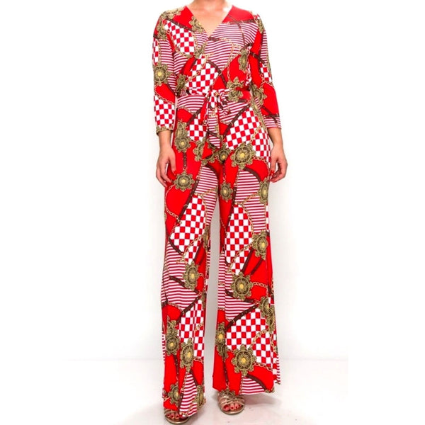 Red Buckle Chain Plussize Jumpsuit with Belt