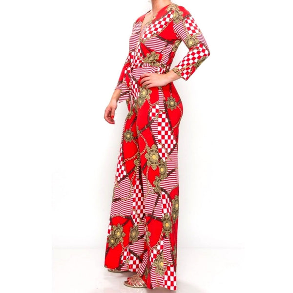 Red Buckle Chain Plussize Jumpsuit with Belt