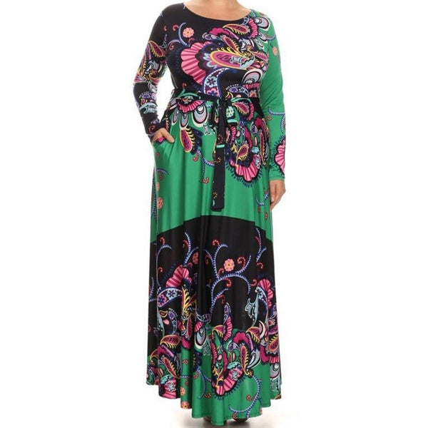 Green Plussize Flare Flowing Silhouette Floral Casual Maxi Dress