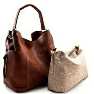 Le Miel Brown Laser Cut Detail Hobo Handbag Set