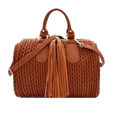 Brown Quilted Tassel Accent Boston Satchel Crossbody Handbag