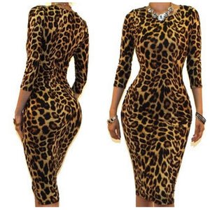 Leopard Print Sexy 3/4 Sleeve Bodycon Party Cocktail Dress