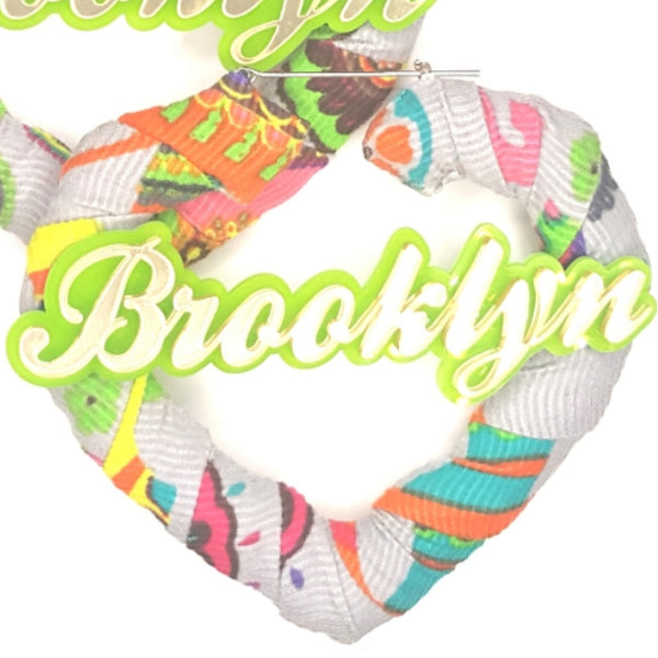 OOAK Gray Neon Green Fabric Wrapped Brooklyn Bamboo Handmade Hoop Heart Earrings