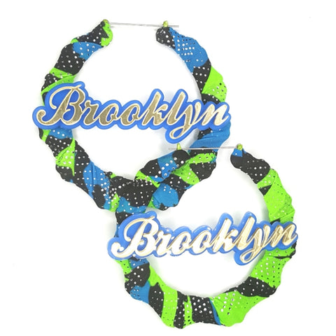 OOAK Neon Green Blue Fabric Wrapped Brooklyn Bamboo Handmade Hoop Earrings