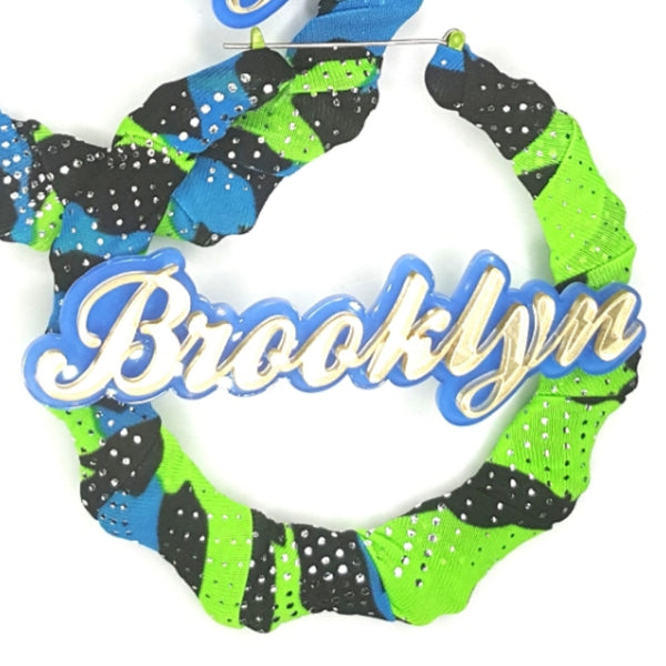 OOAK Neon Green Blue Fabric Wrapped Brooklyn Bamboo Handmade Hoop Earrings