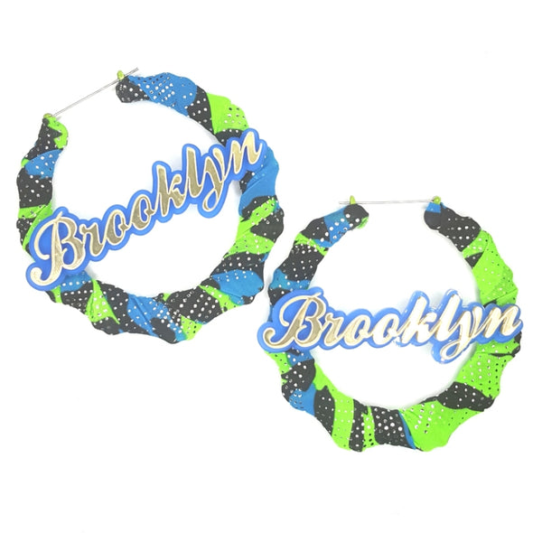 OOAK Neon Green Blue Fabric Wrapped Brooklyn Bamboo Handmade Hoop Earrings