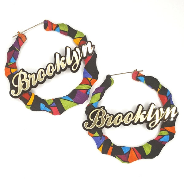 OOAK Black Multi Fabric Wrapped Brooklyn Bamboo Handmade Hoop Earrings