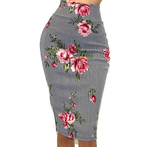 Got Style Navy White Stripe Pink Floral Bodycon Casual Sexy Pencil Skirt