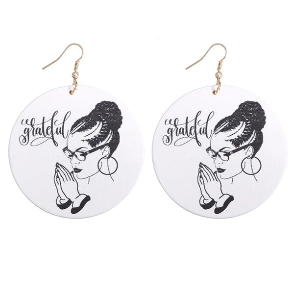 Grateful Queen Statement Dangle Engraved Wood Earrings