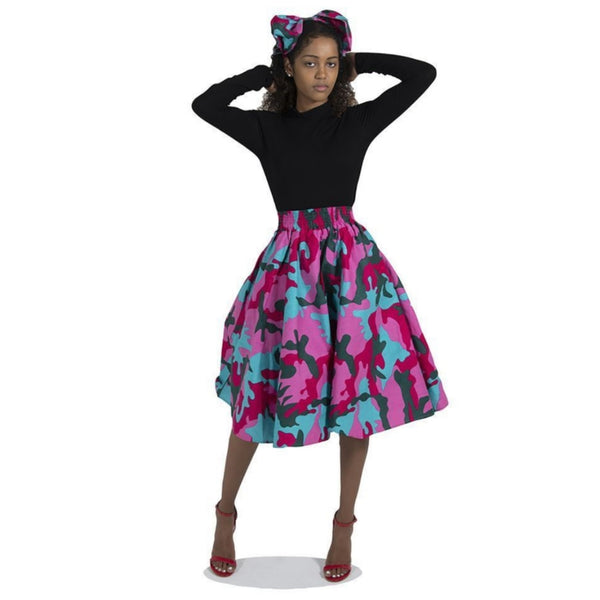 Pink Camouflage Flare African Skirt with Matching Headwrap