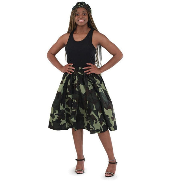 Green Camouflage Flare African Skirt with Matching Headwrap