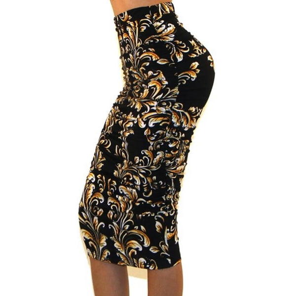 Got Style Gold Black Ruched Frill High Waist Mid Calf Bodycon Casual Pencil Skirt