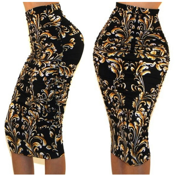 Got Style Gold Black Ruched Frill High Waist Mid Calf Bodycon Casual Pencil Skirt