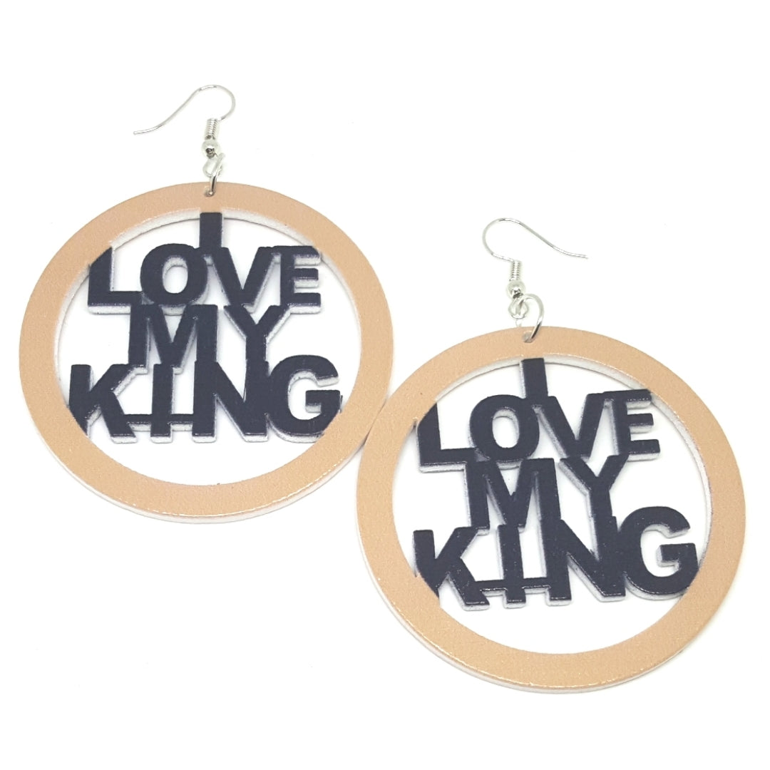 I LOVE MY KING Khaki Black Statement Dangle Wood Earrings