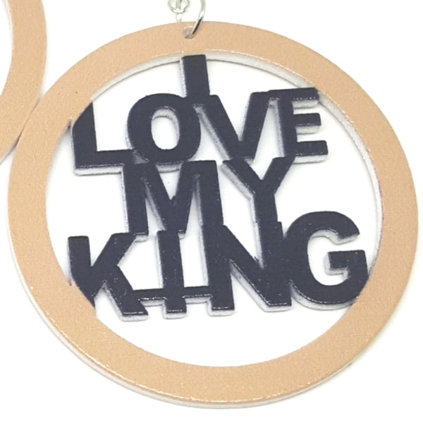 I LOVE MY KING Khaki Black Statement Dangle Wood Earrings