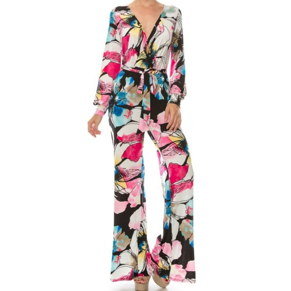 Pink Watercolor Floral Long Bell Sleeve Jumpsuit