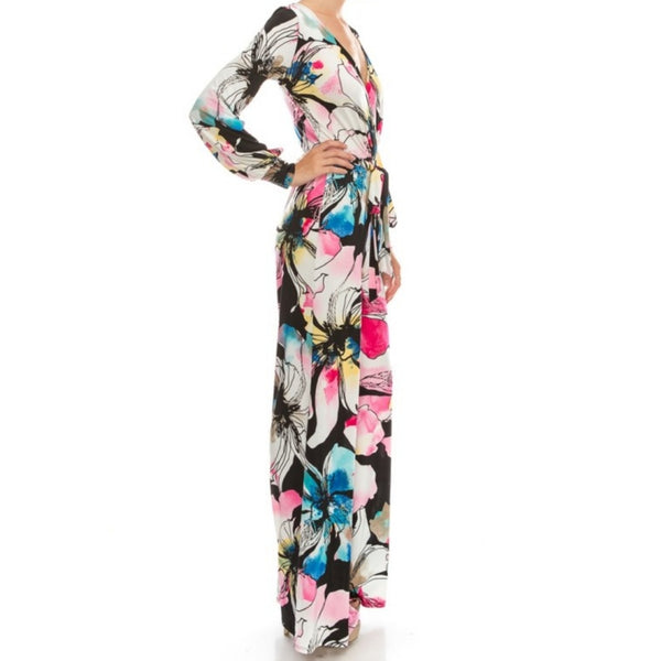 Pink Watercolor Floral Long Bell Sleeve Jumpsuit