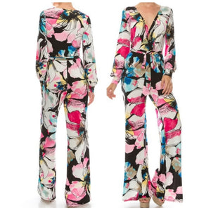 Pink Watercolor Floral Long Bell Sleeve Jumpsuit