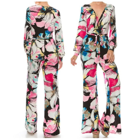 Pink Watercolor Floral Long Bell Sleeve Jumpsuit