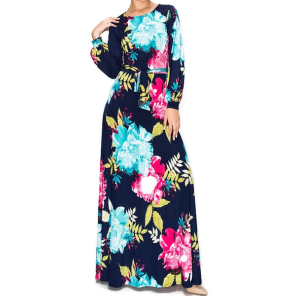 Flower Bomb Boat Neck Long Bell Sleeve Maxi Evening Dress